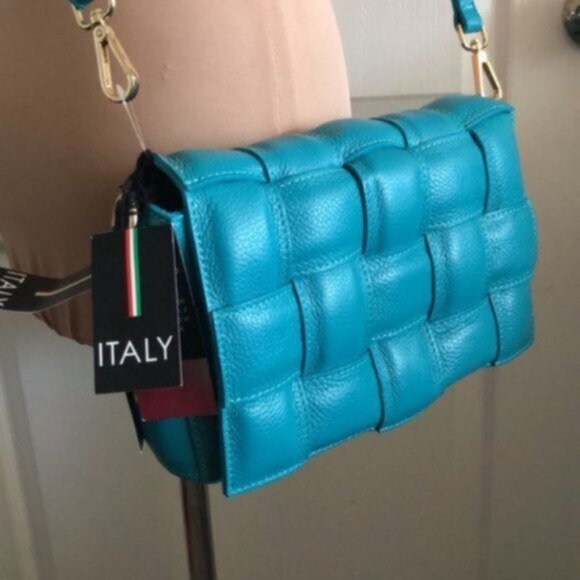 Chiara Ferretti Quilted Italy Leather Flap Over Woven Crossbody Blue Handbag - Picture 3 of 10